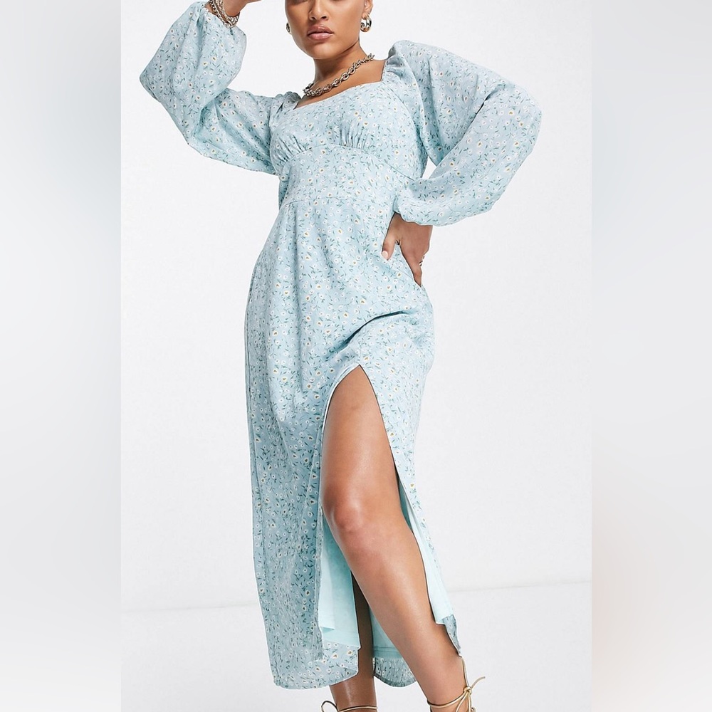 Misguided smock dress with shirred back in blue floral